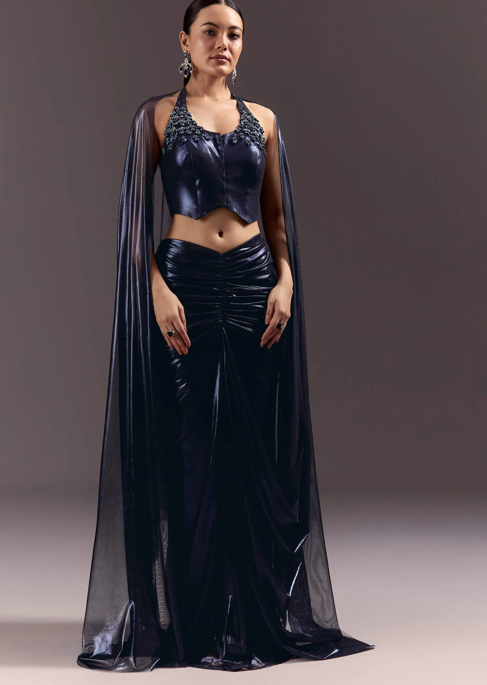 Navy Blue Lycra Sequin Saree With Halter Neck Blouse