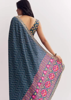 Navy Blue Muslin Ajrakh Printed Saree With Gota And Mirror Work