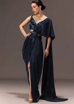Navy Blue Pre Draped Saree With Sequin Blouse And Belt