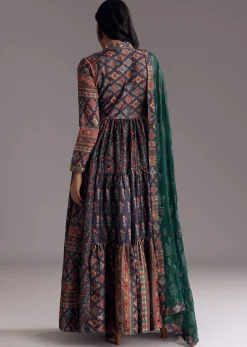 Navy Blue Printed Silk Anarkali With Dupatta