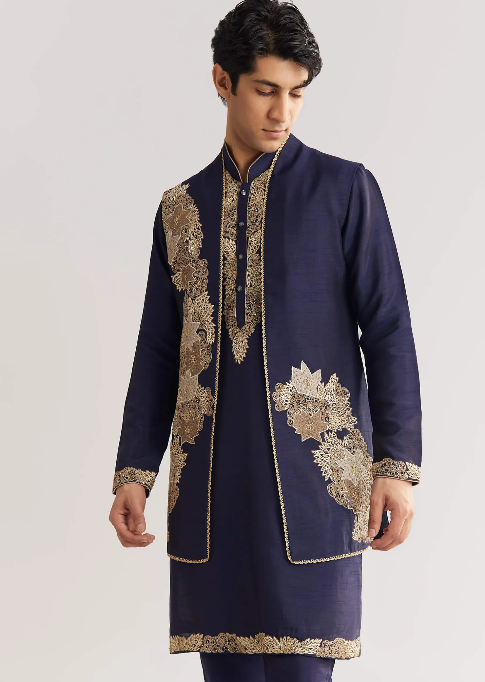 Navy Blue Rawsilk Jacket Kurta Set With Floral Beaded And Threadwork
