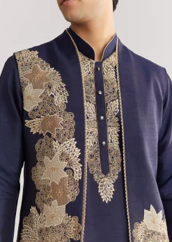 Navy Blue Rawsilk Jacket Kurta Set With Floral Beaded And Threadwork