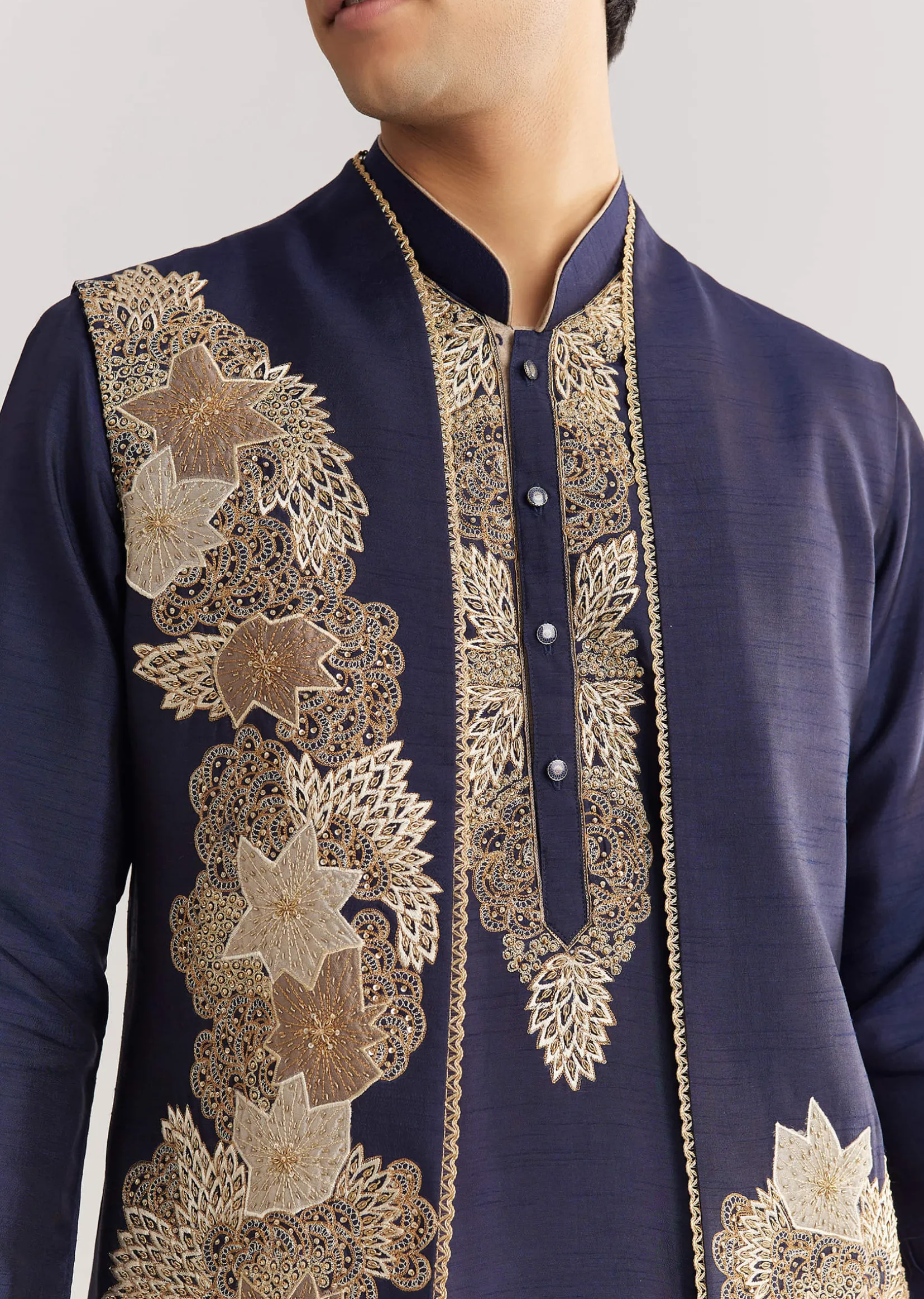 Navy Blue Rawsilk Jacket Kurta Set With Floral Beaded And Threadwork