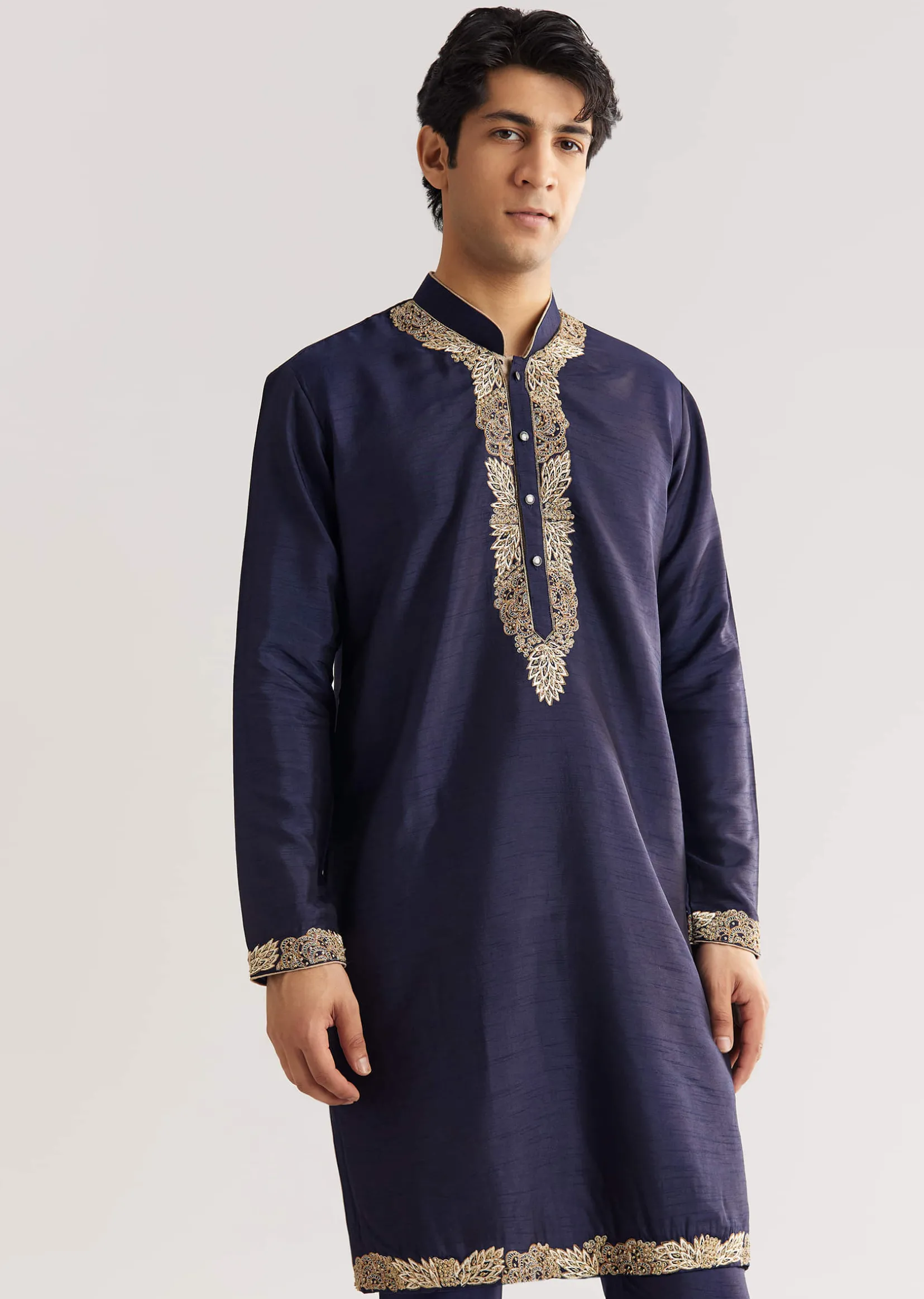 Navy Blue Rawsilk Jacket Kurta Set With Floral Beaded And Threadwork