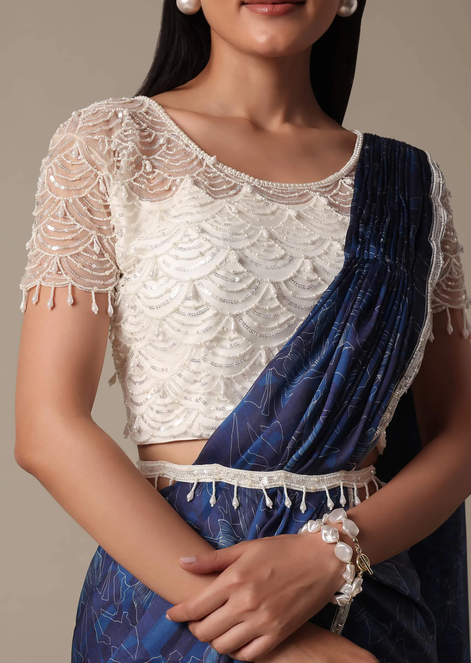 Navy Blue Readymade Saree With Stitched Blouse