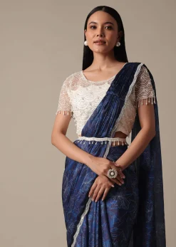 Navy Blue Readymade Saree With Stitched Blouse