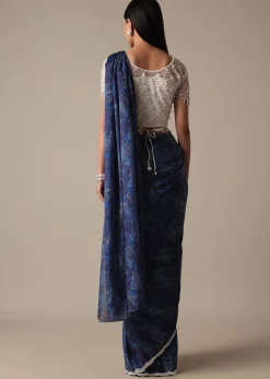 Navy Blue Readymade Saree With Stitched Blouse