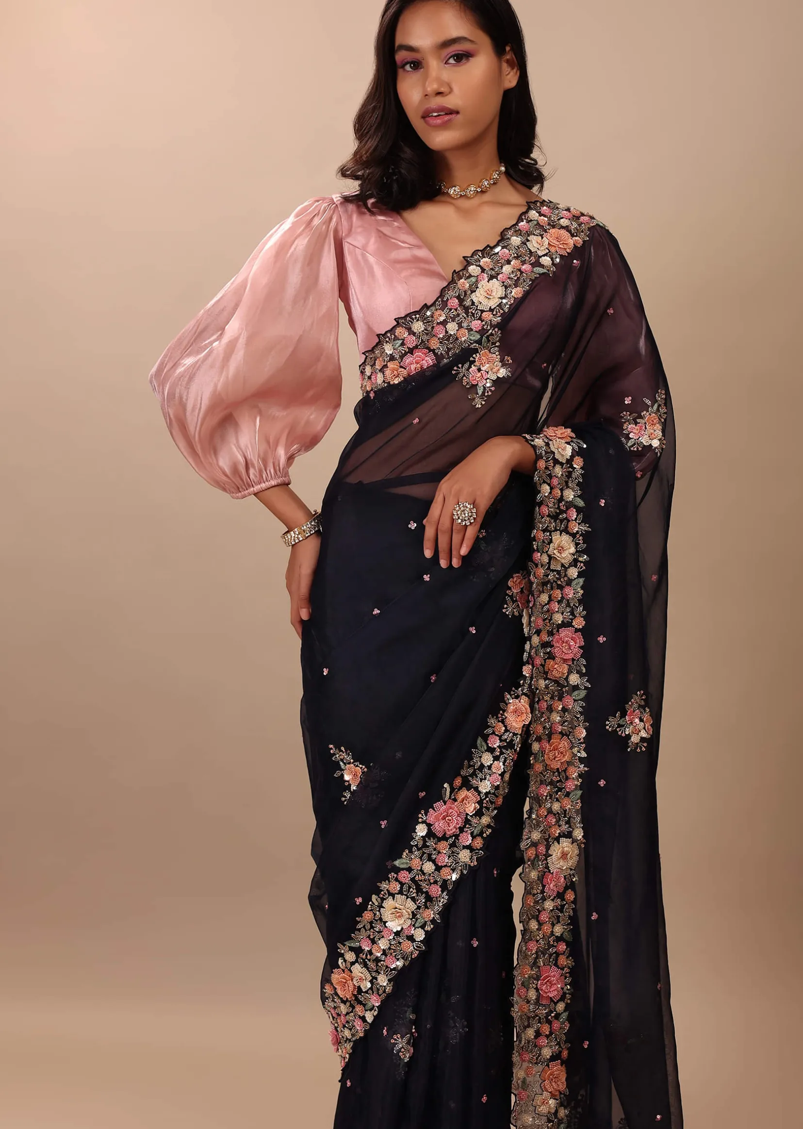 Navy Blue Saree In Organza With 3D Floral Embroidery In Moti, Cut Dana, And Sequins