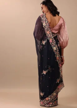 Navy Blue Saree In Organza With 3D Floral Embroidery In Moti, Cut Dana, And Sequins