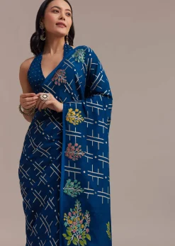 Navy Blue Saree With Leaf Motif Woven Design