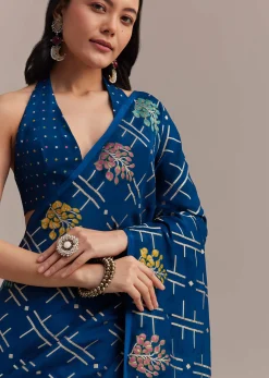Navy Blue Saree With Leaf Motif Woven Design