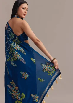 Navy Blue Saree With Leaf Motif Woven Design