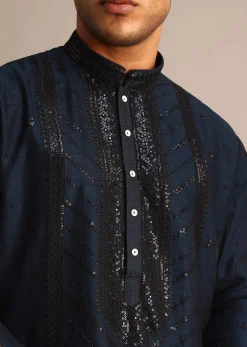 Navy Blue Sequin Work Silk Kurta Set