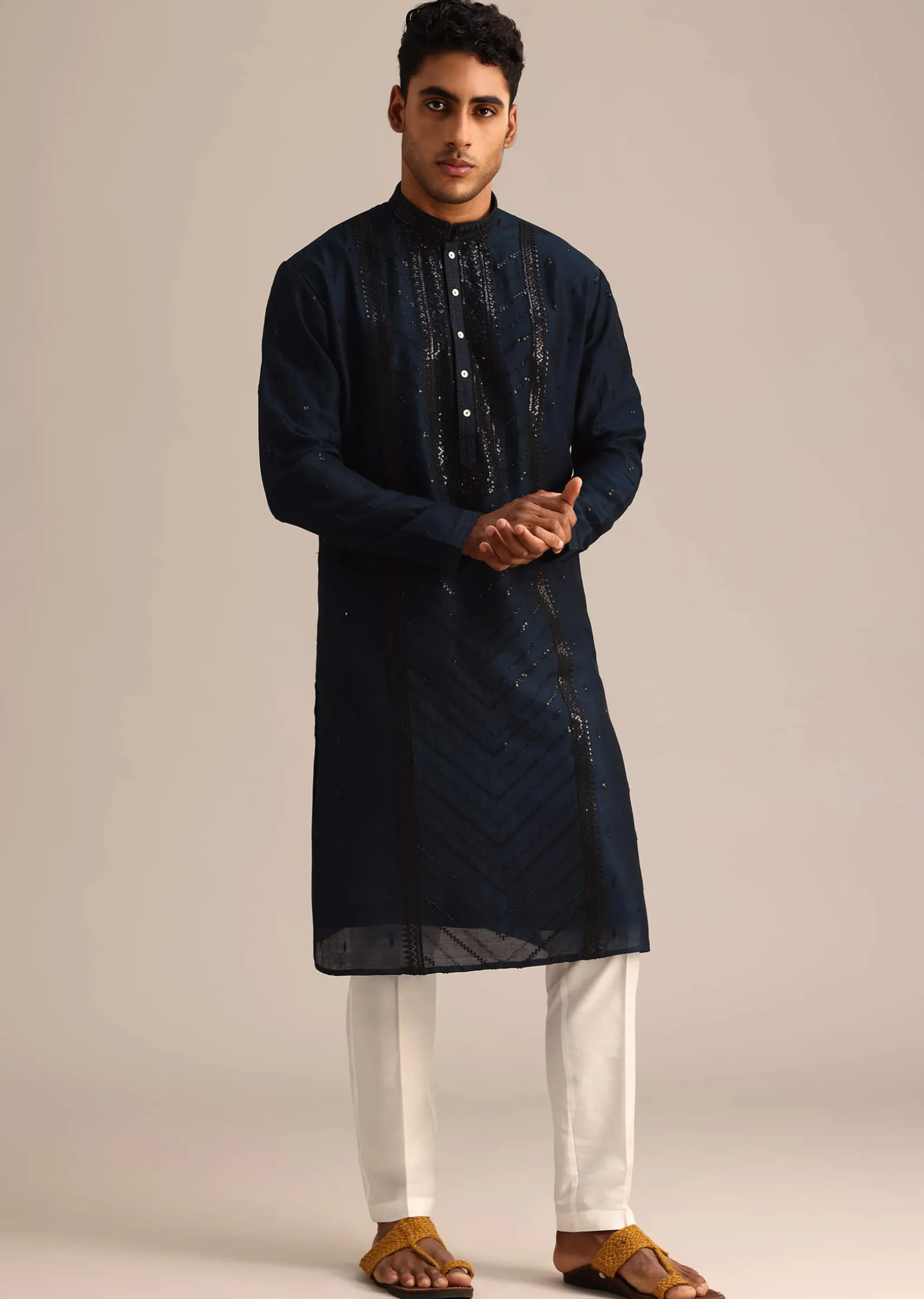 Navy Blue Sequin Work Silk Kurta Set
