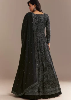 Navy Blue Sequined High Slit Kurta Lehenga Set