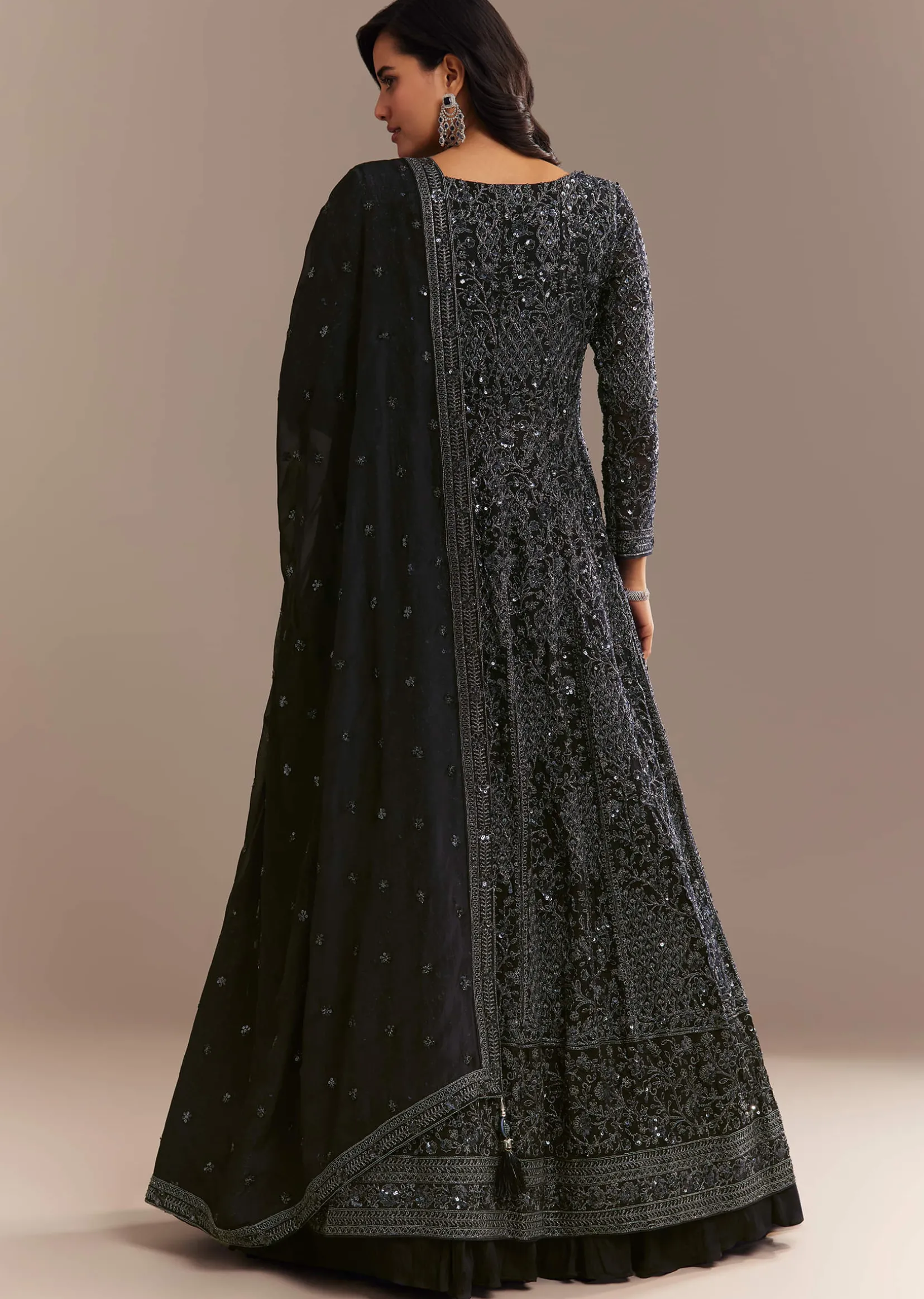 Navy Blue Sequined High Slit Kurta Lehenga Set