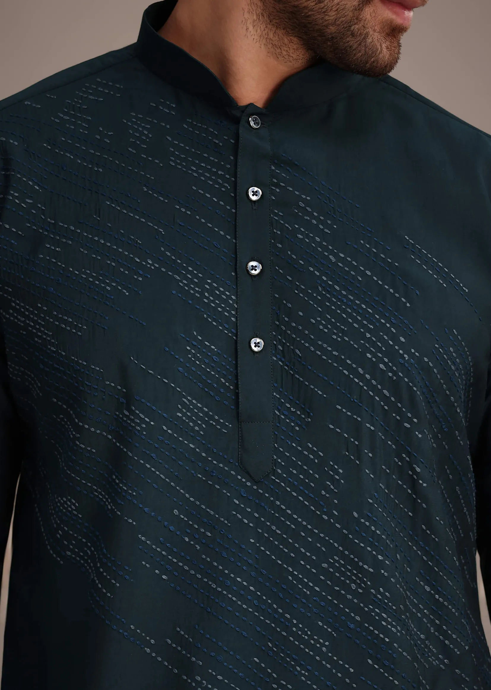 Navy Blue Silk Blend Embroidered Kurta Set
