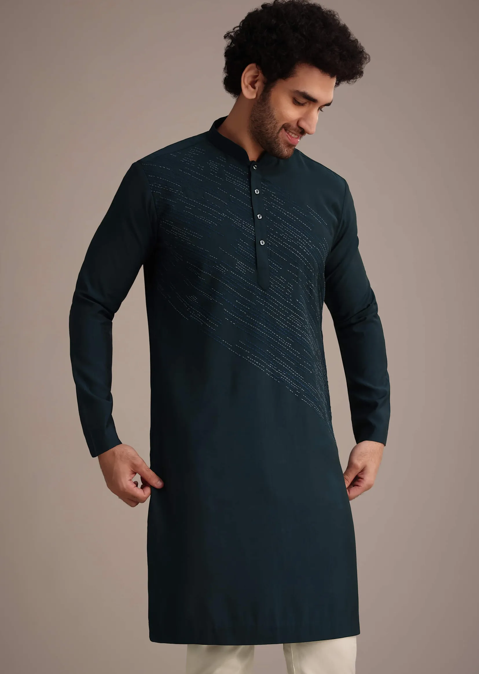 Navy Blue Silk Blend Embroidered Kurta Set