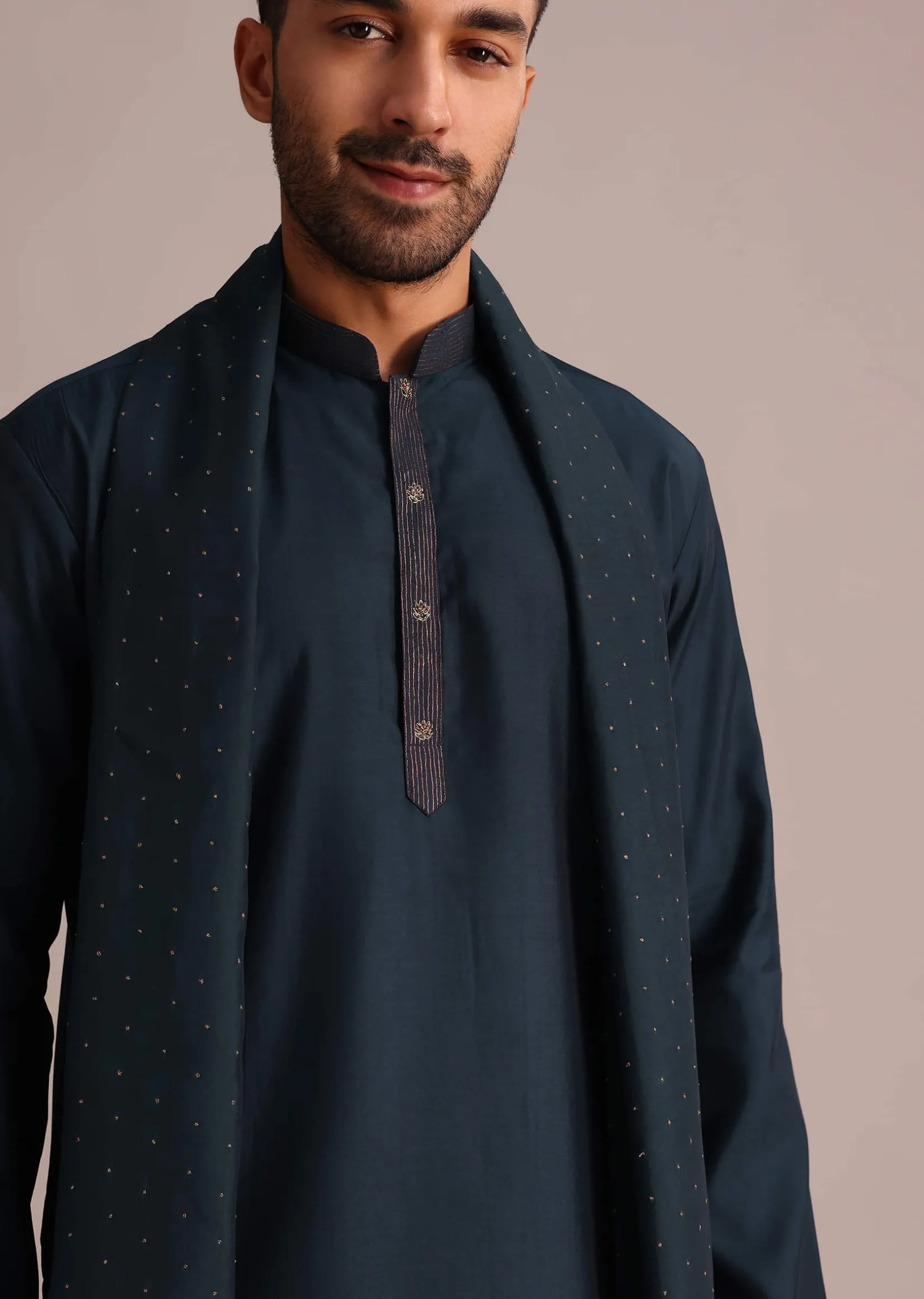 Navy Blue Silk Blend Kurta Set With Dupatta