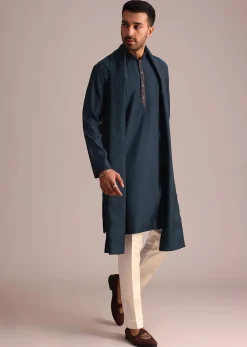 Navy Blue Silk Blend Kurta Set With Dupatta