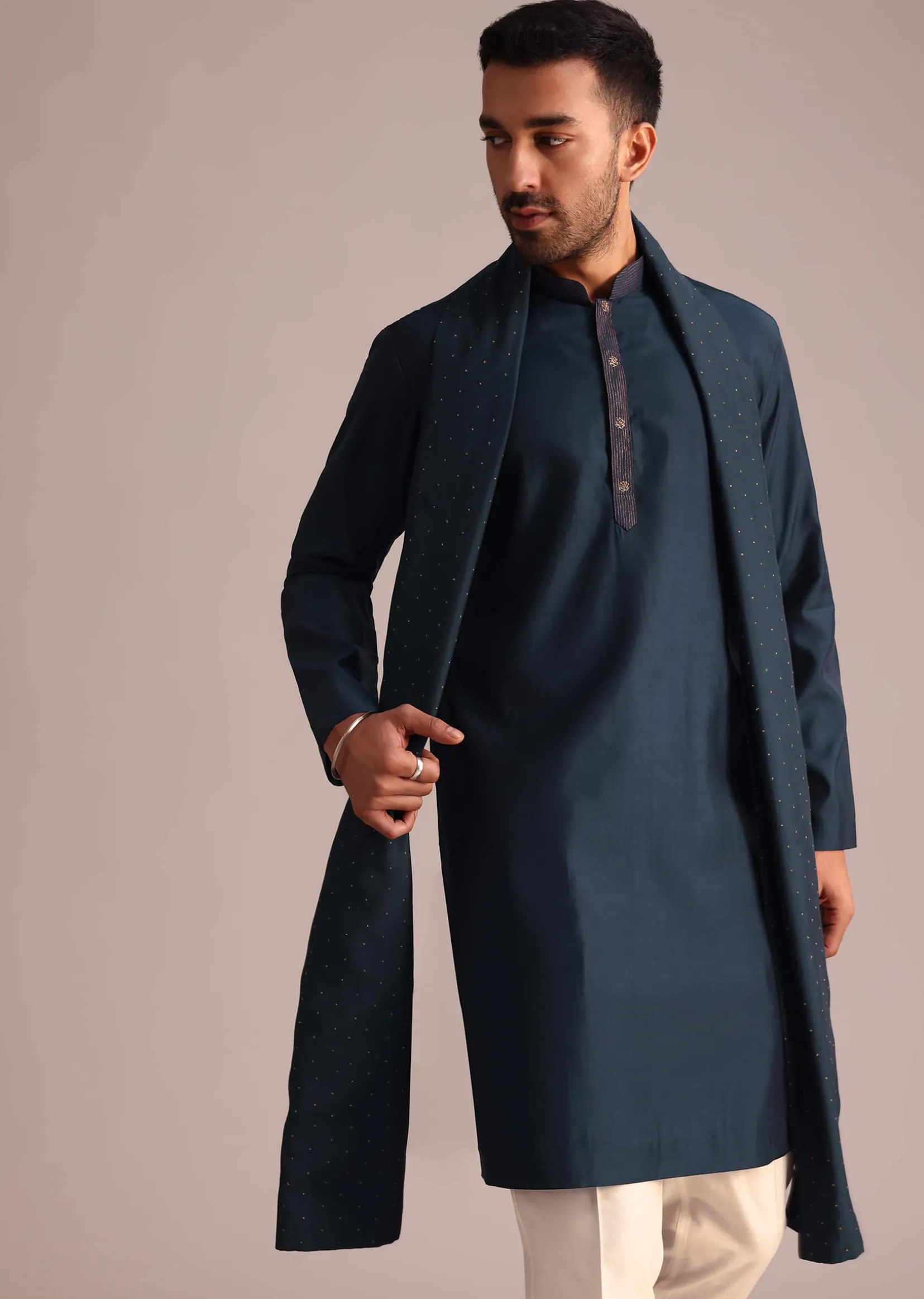 Navy Blue Silk Blend Kurta Set With Dupatta