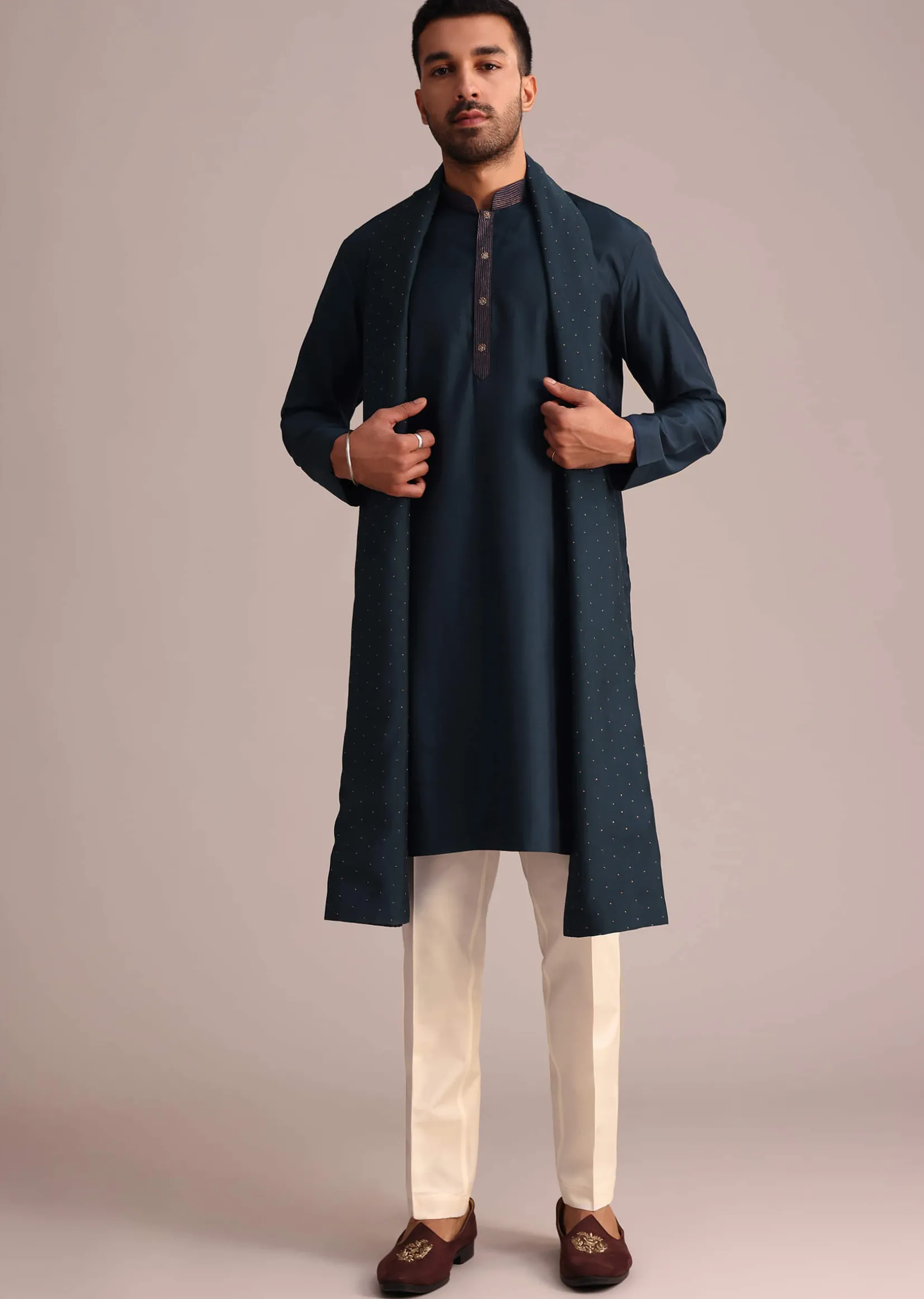 Navy Blue Silk Blend Kurta Set With Dupatta