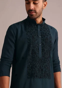 Navy Blue Silk Blend Resham Work Kurta Set