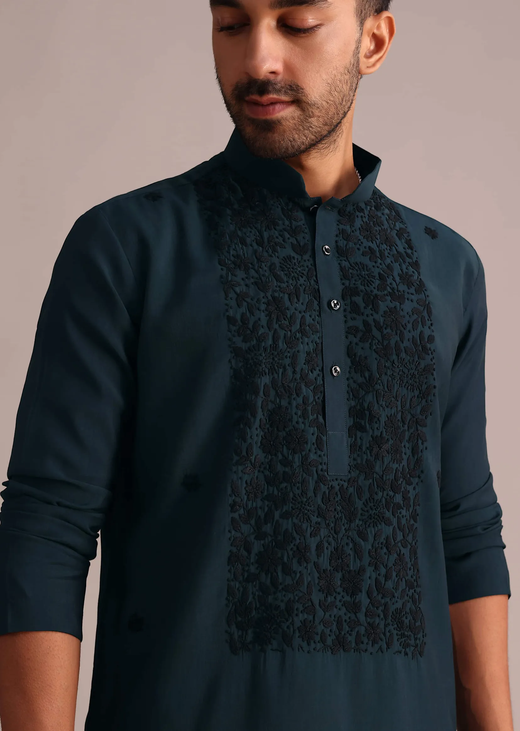Navy Blue Silk Blend Resham Work Kurta Set
