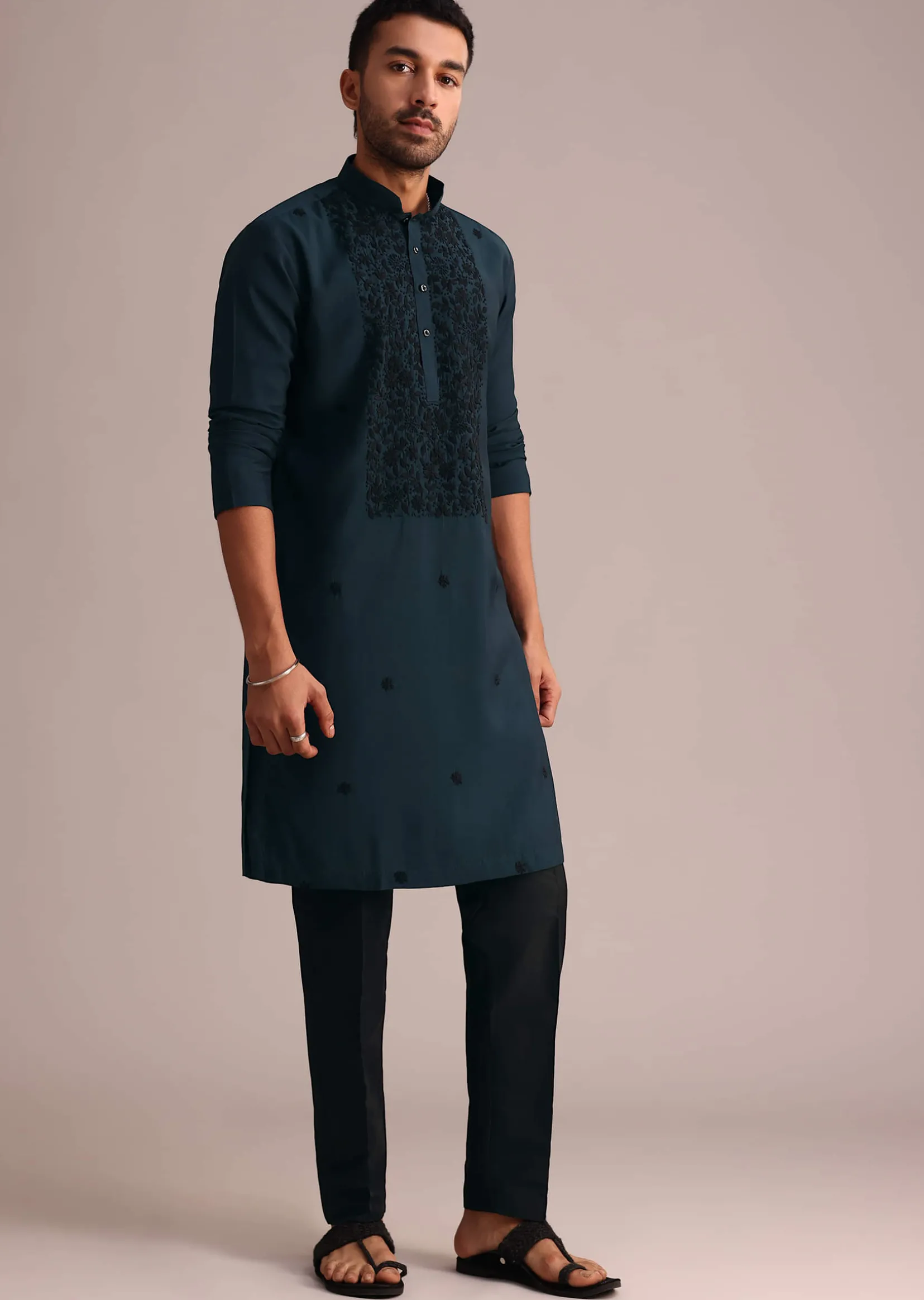 Navy Blue Silk Blend Resham Work Kurta Set