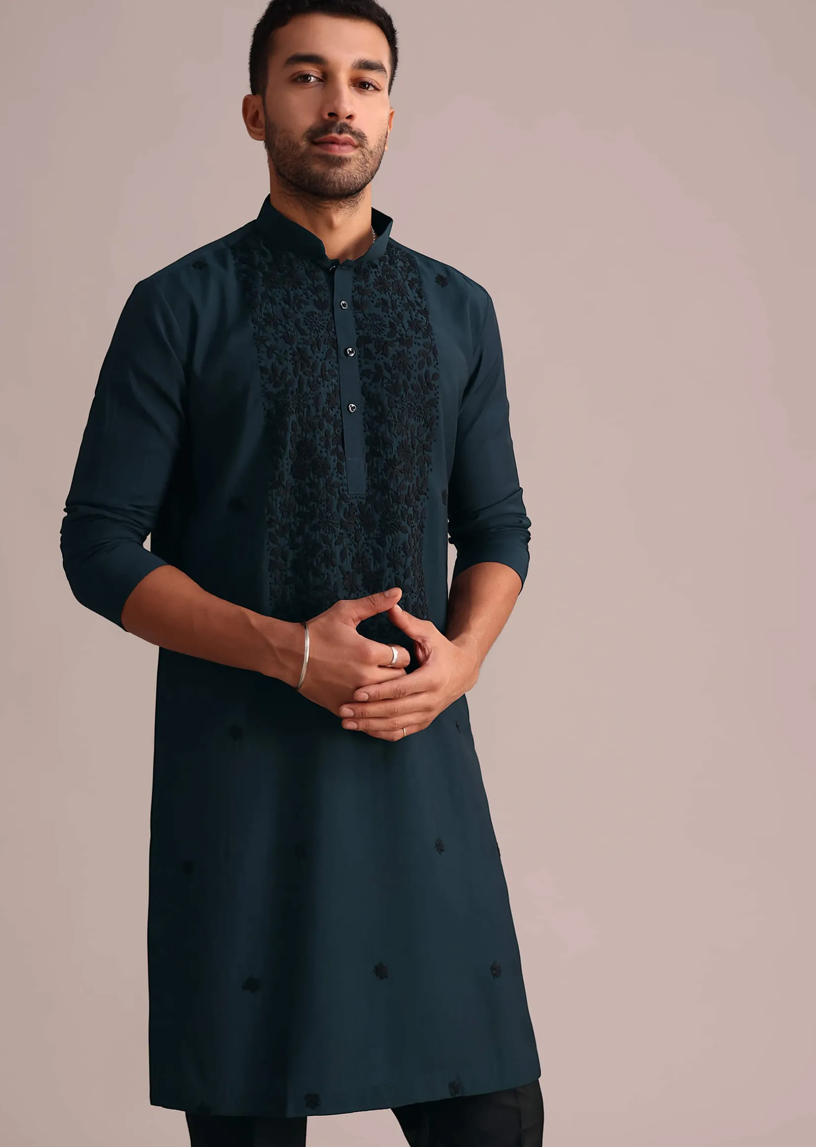 Navy Blue Silk Blend Resham Work Kurta Set