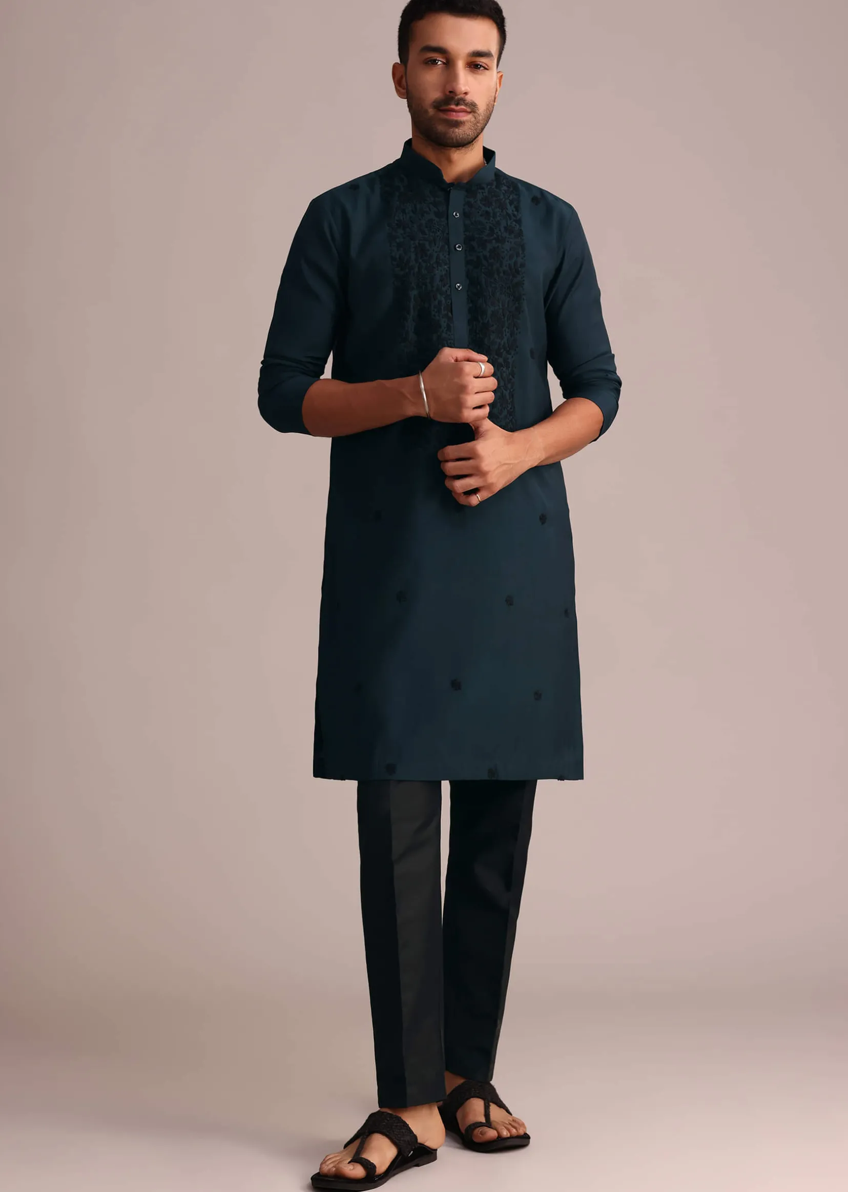 Navy Blue Silk Blend Resham Work Kurta Set