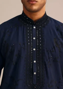 Navy Blue Silk Embroidered Kurta Set