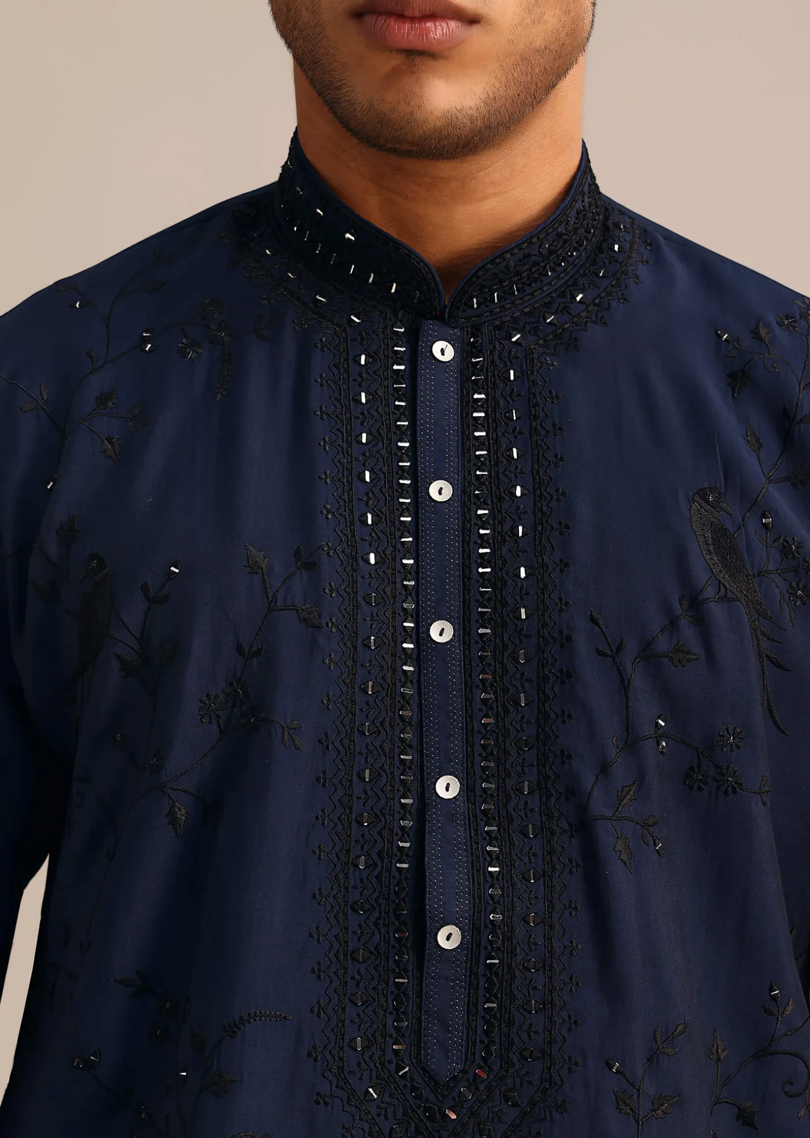 Navy Blue Silk Embroidered Kurta Set