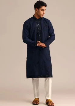 Navy Blue Silk Embroidered Kurta Set