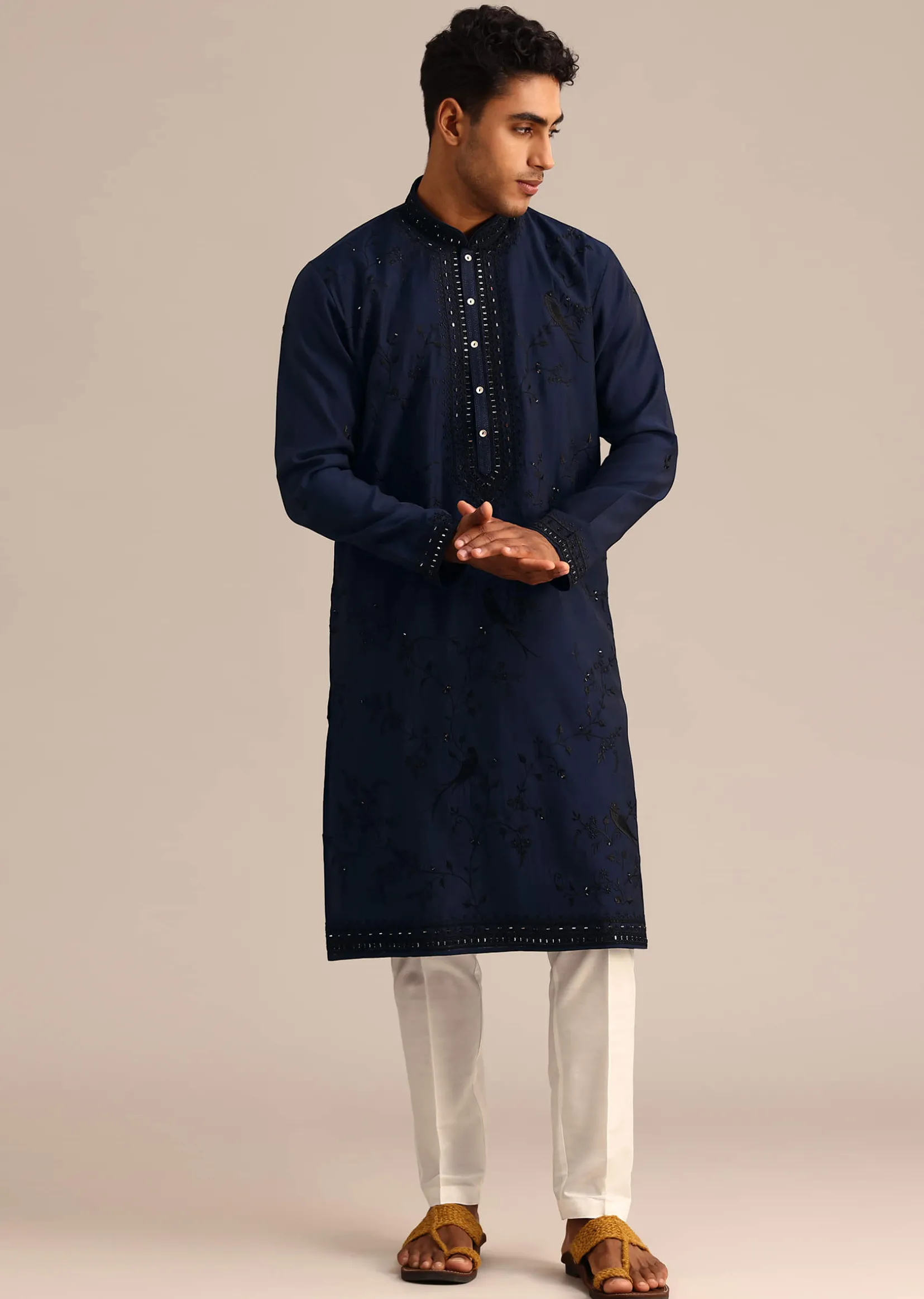 Navy Blue Silk Embroidered Kurta Set