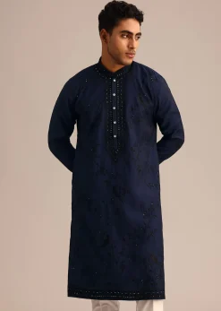 Navy Blue Silk Embroidered Kurta Set