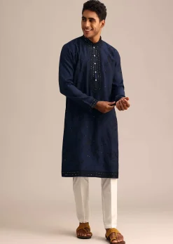 Navy Blue Silk Embroidered Kurta Set