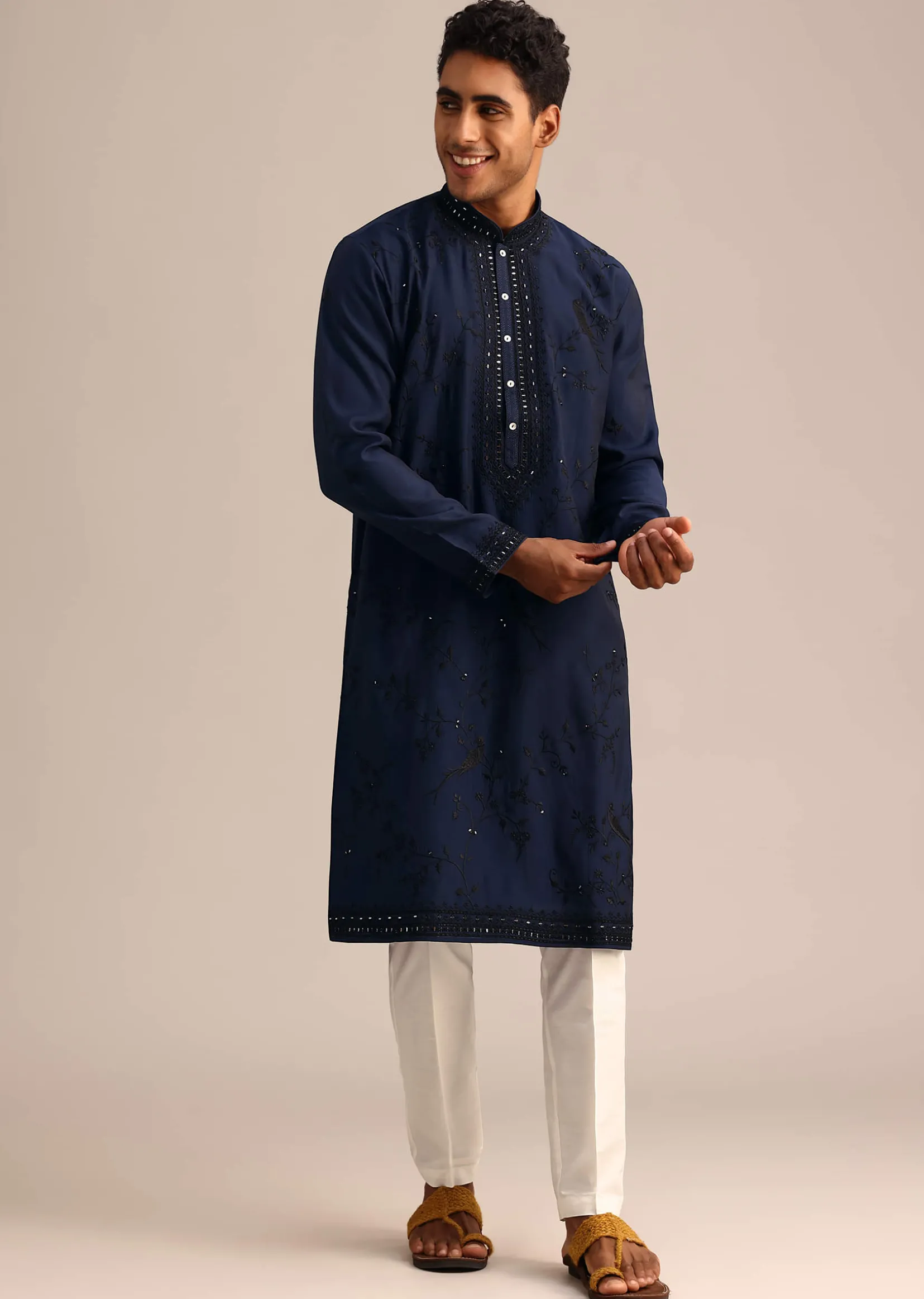 Navy Blue Silk Embroidered Kurta Set