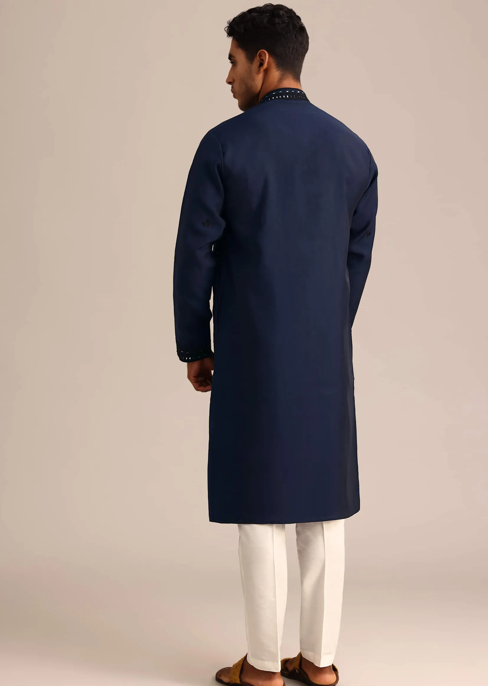 Navy Blue Silk Embroidered Kurta Set