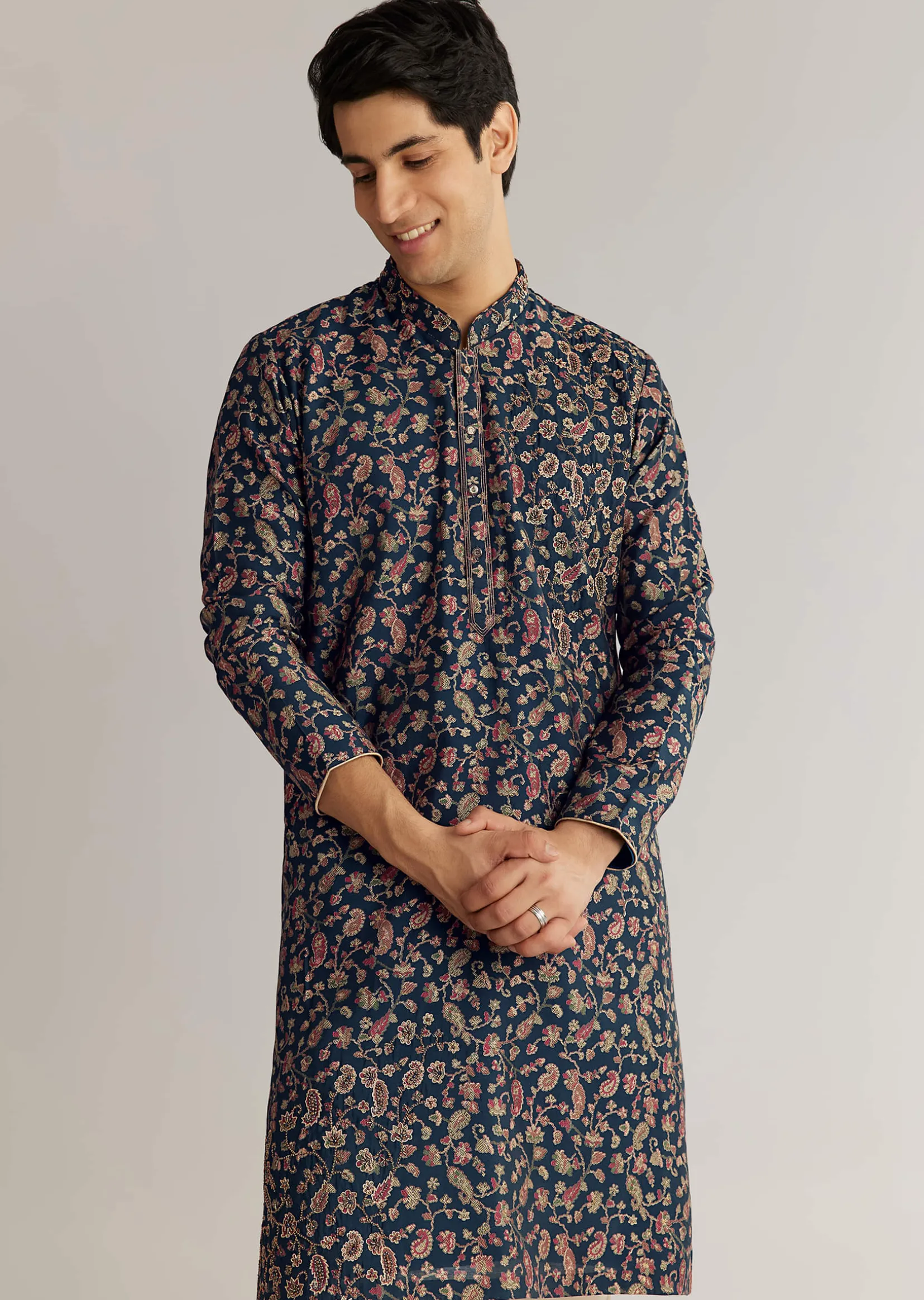 Navy Blue Silk Floral Printed Kurta Set With Cutdana Work