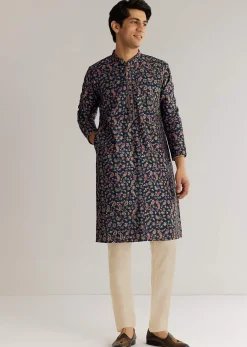 Navy Blue Silk Floral Printed Kurta Set With Cutdana Work