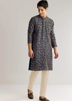 Navy Blue Silk Floral Printed Kurta Set With Cutdana Work