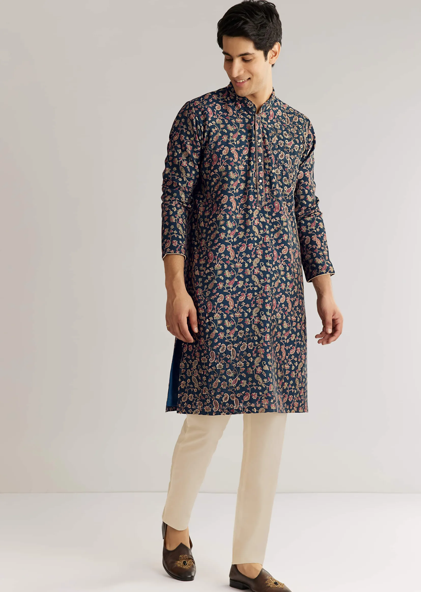 Navy Blue Silk Floral Printed Kurta Set With Cutdana Work