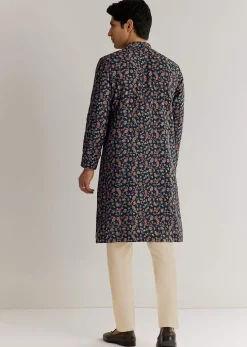Navy Blue Silk Floral Printed Kurta Set With Cutdana Work
