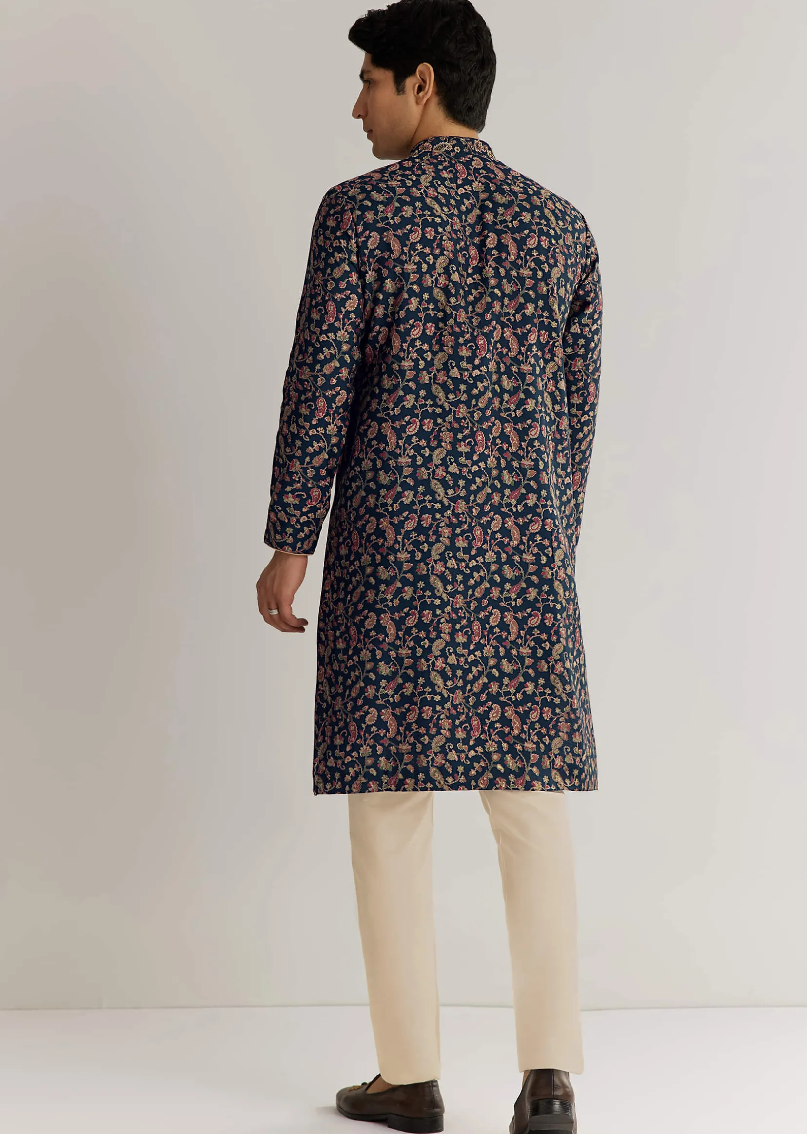 Navy Blue Silk Floral Printed Kurta Set With Cutdana Work