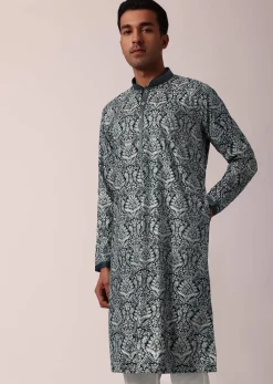 Navy Blue Silk Kurta Set For Men