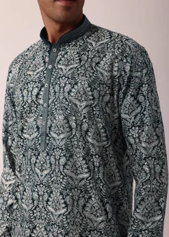 Navy Blue Silk Kurta Set For Men