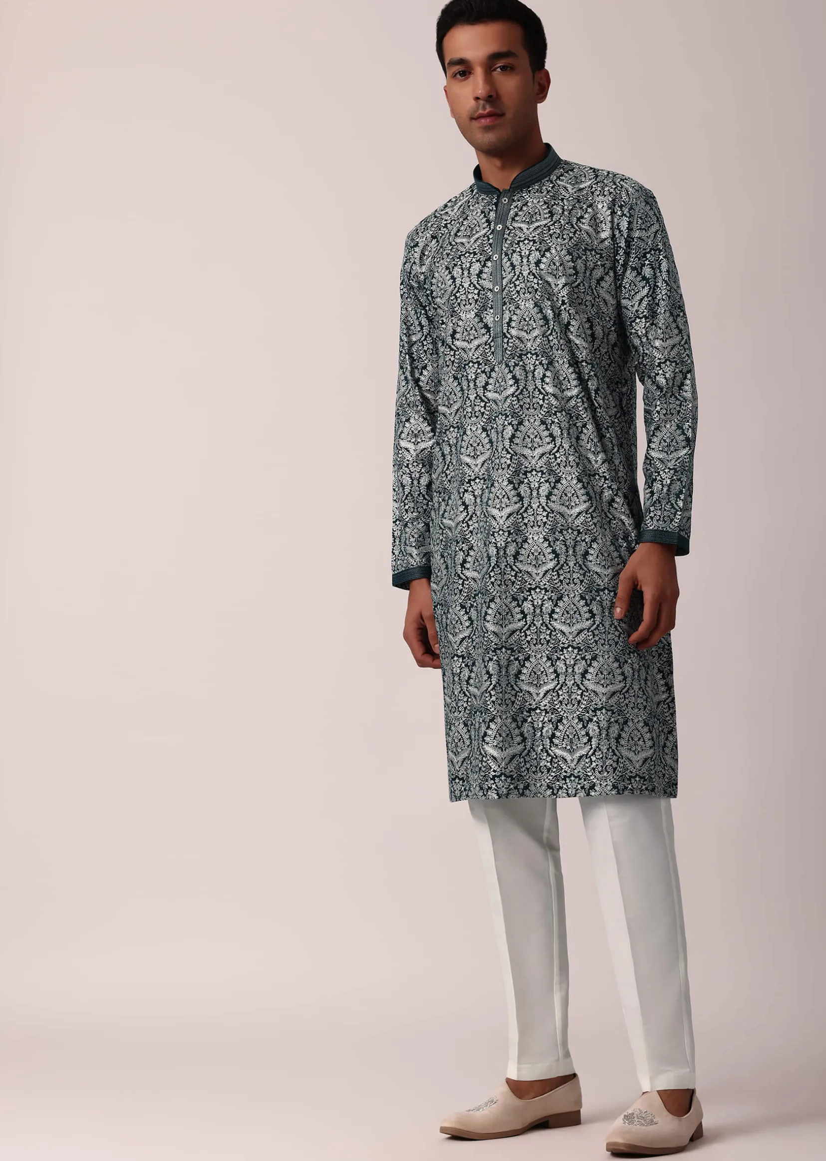 Navy Blue Silk Kurta Set For Men