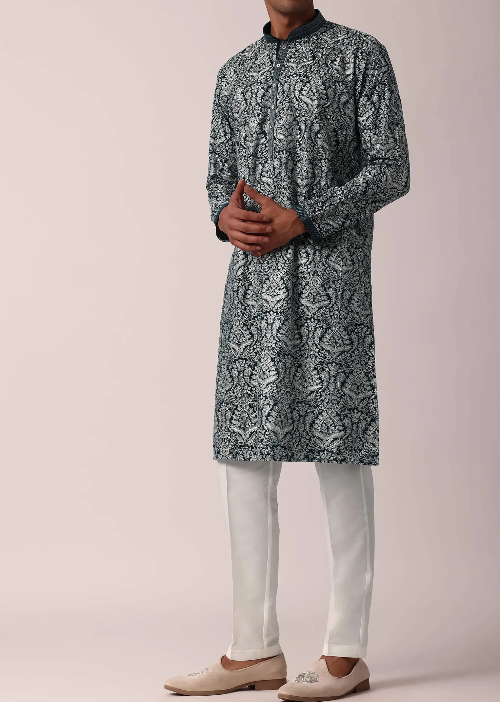 Navy Blue Silk Kurta Set For Men
