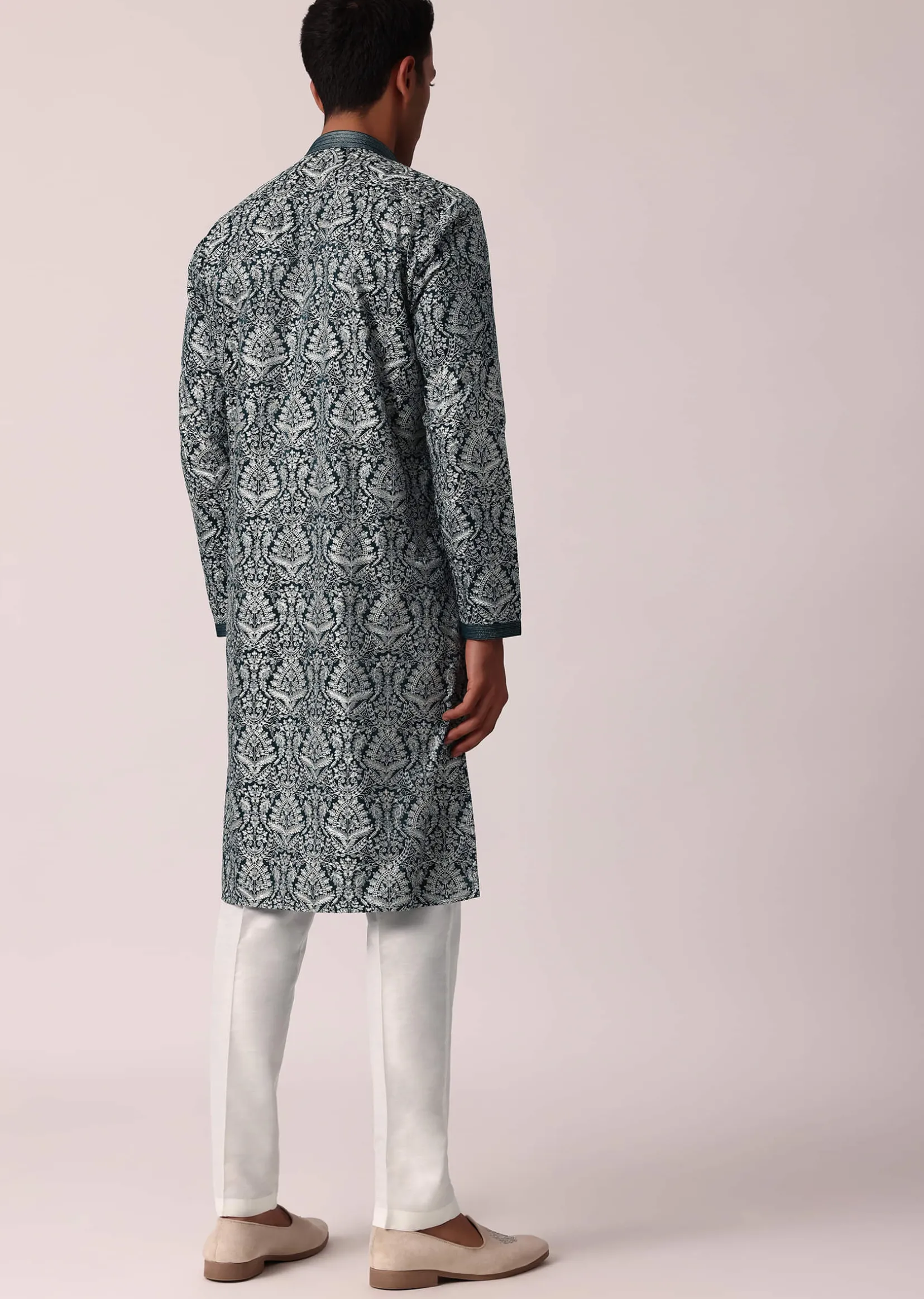 Navy Blue Silk Kurta Set For Men